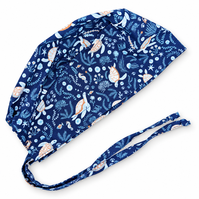 Ocean Turtles Men's Surgical scrub cap for men. Tie back scrub hat by Paradise Caps. on white background with soft shadow