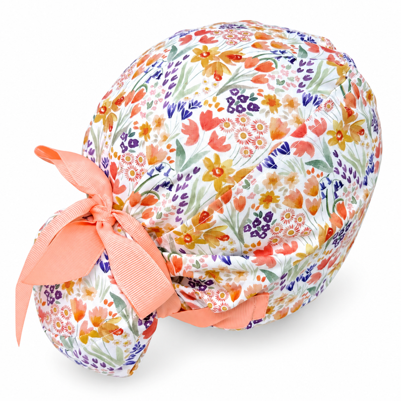 Fall Wildflower Euro scrub cap with ribbon ties for Women with Satin Lined option by Paradise Caps. Euro PLUS style. on white background with soft shadow