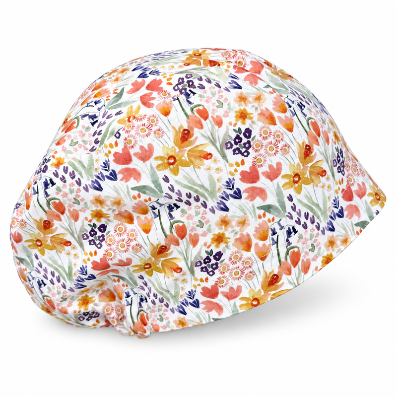 Fall Wildflower Euro scrub cap for women with satin lined option by Paradise Caps. on white background with soft shadow