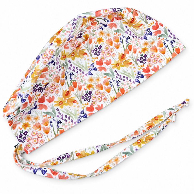Fall Wildflower Skull tie-back style surgical scrub cap by Paradise Caps. on white background with soft shadow
