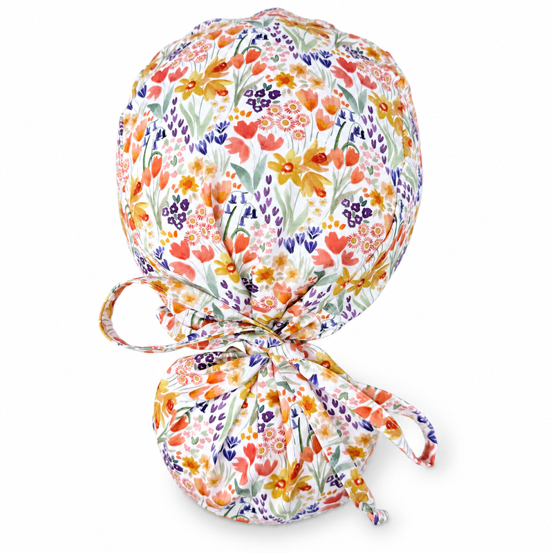 Fall Wildflower Ponytail scrub cap for women with satin lined option by Paradise Caps. on white background with soft shadow