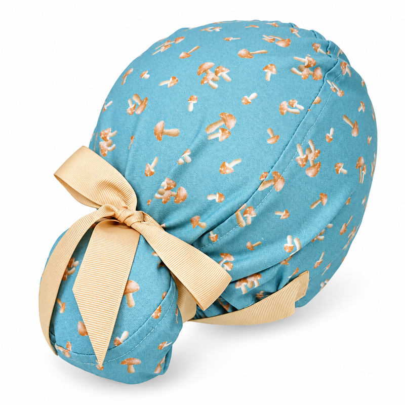 Tiny Woodland Mushrooms Euro scrub cap with ribbon ties for Women with Satin Lined option by Paradise Caps. Euro PLUS style. on white background with soft shadow