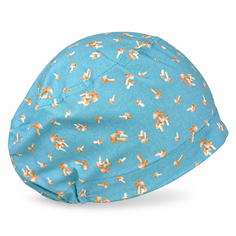 Tiny Woodland Mushrooms Euro scrub cap for women with satin lined option by Paradise Caps. on white background with soft shadow