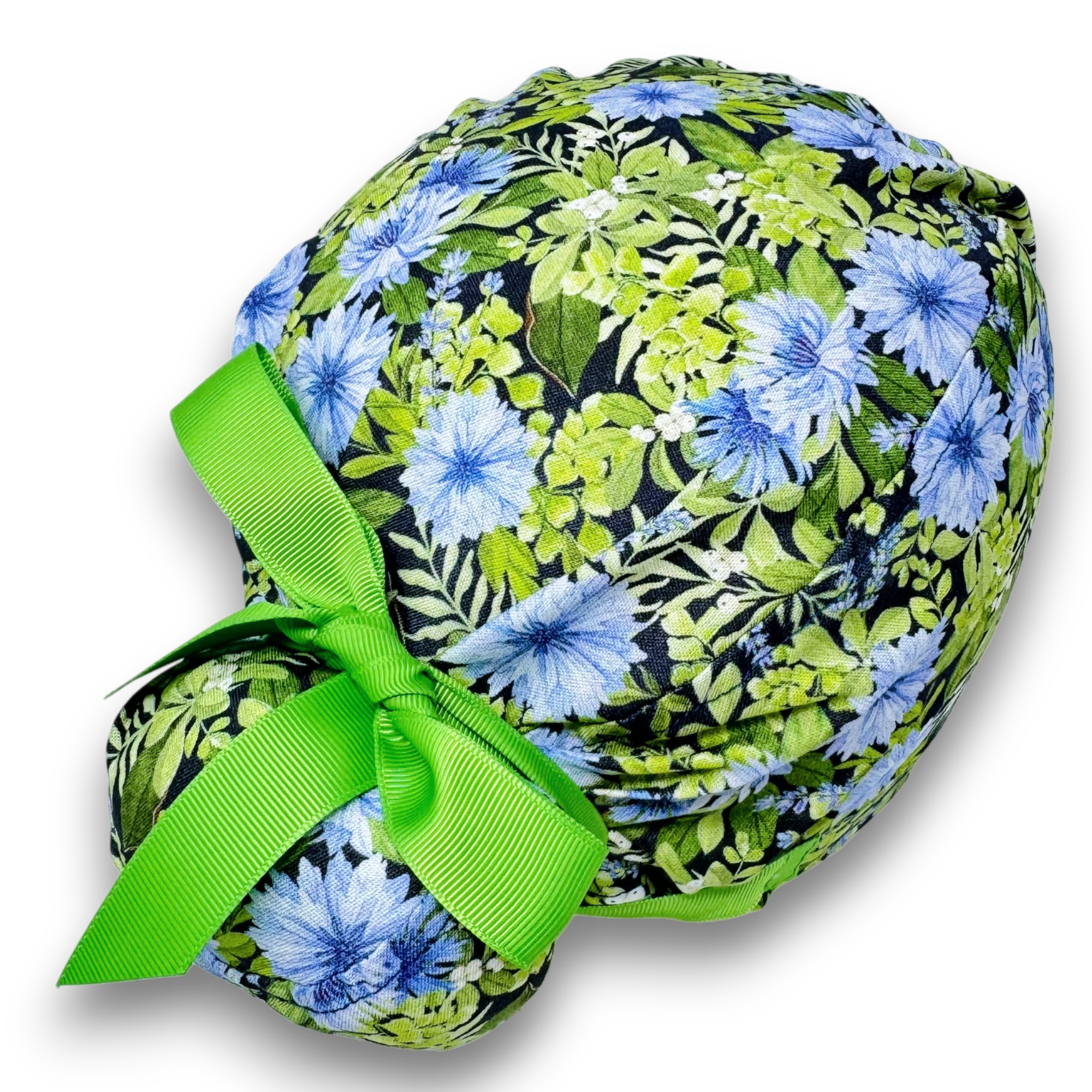 Cornflower Euro scrub cap with ties for Women. Floral European Surgical cap with Satin Lined by Paradise Caps.