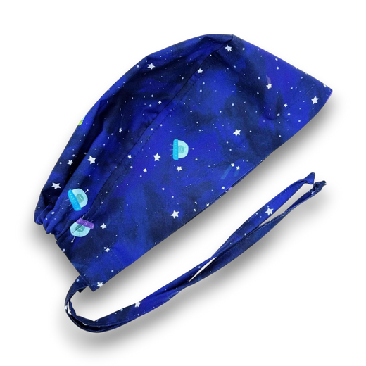 Blue Galaxy Alien Regular tie-back scrub cap with stars, planets and fabric ties
