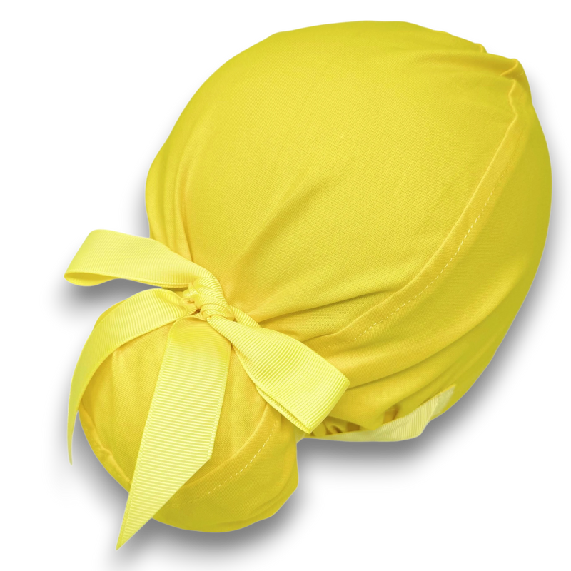 Paradise Caps yellow solid color Euro PLUS style scrub cap with adjustable ribbon ties for women. 100% cotton.