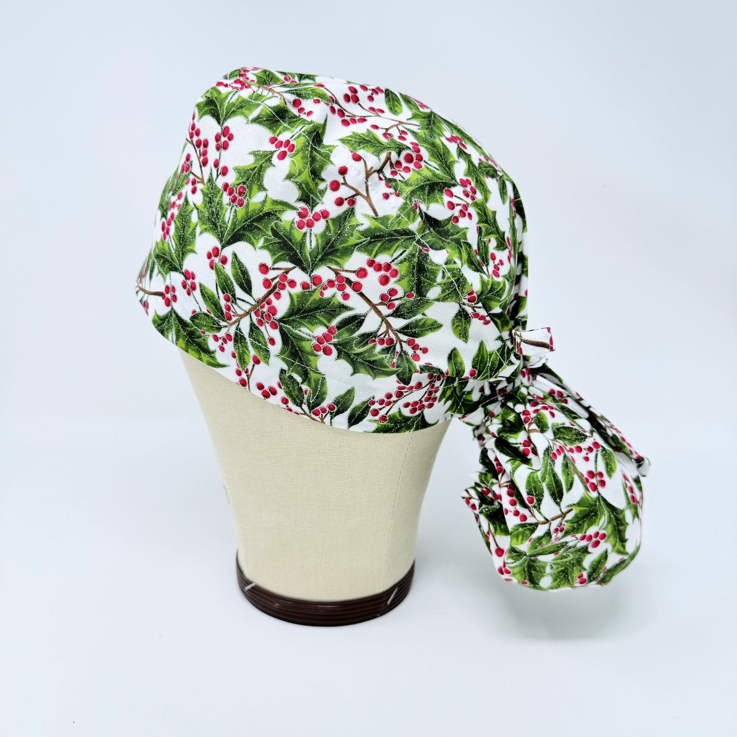 Christmas scrub caps. Holly Berry ponytail scrub cap