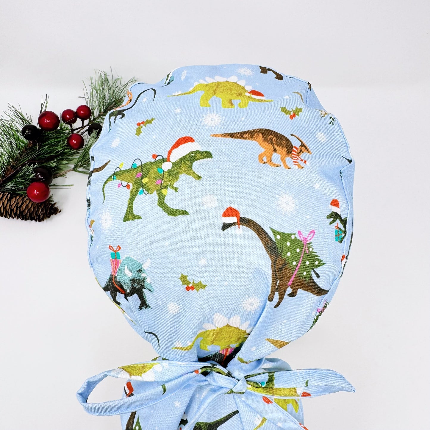 Christmas ponytail scrub cap, dinosaurs print