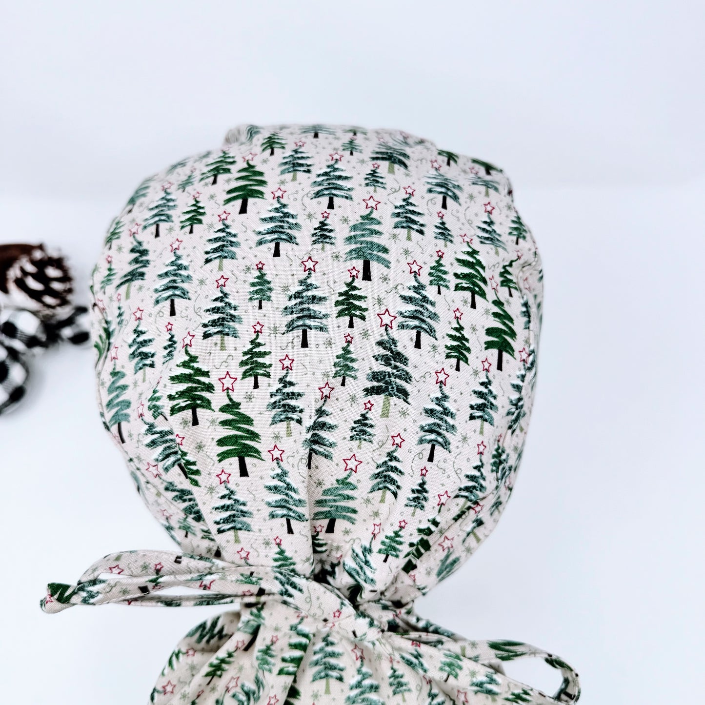 Christmas ponytail scrub cap. Scrub caps for women. Christmas trees