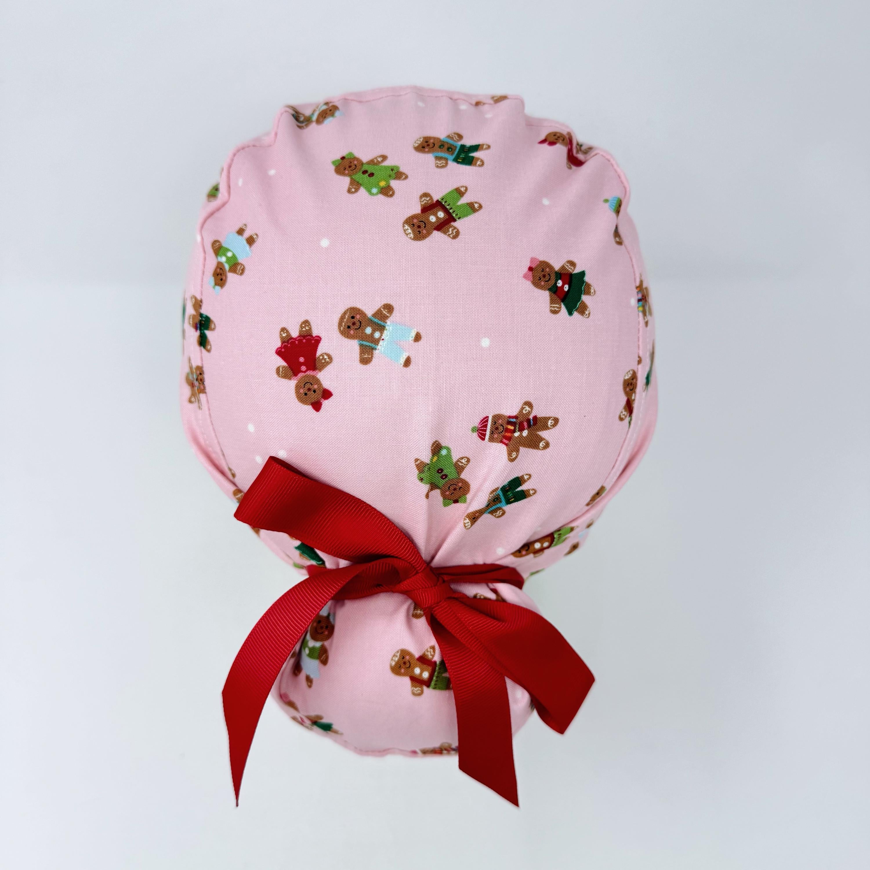 Gingerbread Euro scrub cap with ties for Women, Cute Christmas European Surgical cap with Satin Lined by Paradise Caps. Euro PLUS style Pink