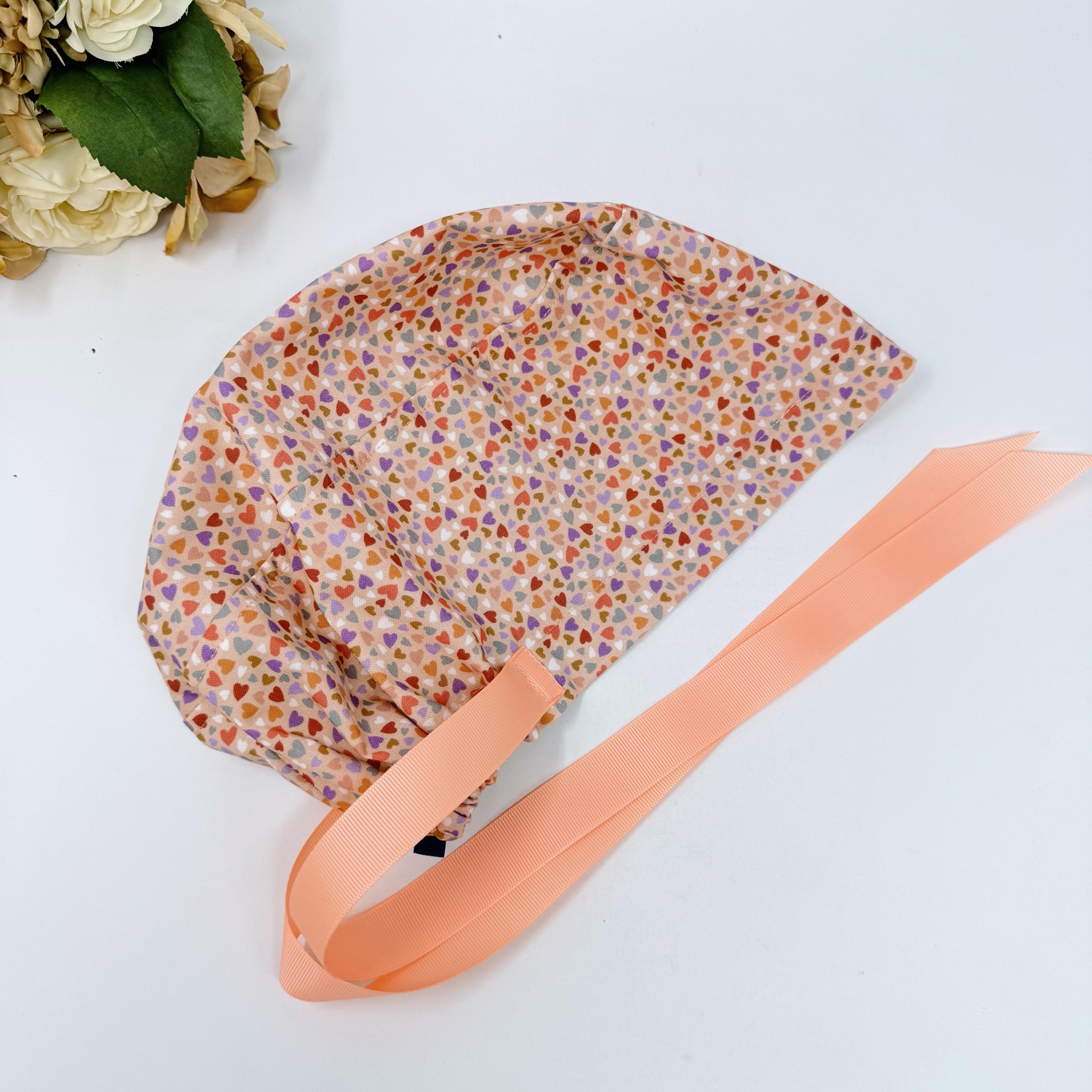 Colorful Hearts Euro scrub cap with ties for Women, Pink European Surgical cap with Satin Lined by Paradise Caps.