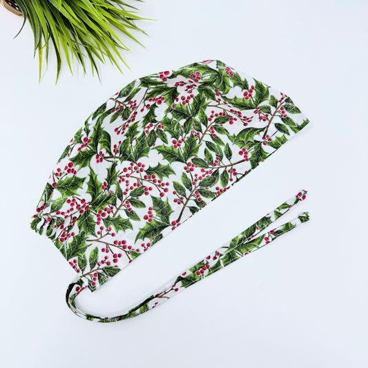 Christmas regular scrub cap. Holly Berry tie-back scrub cap