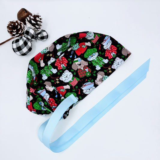 Funny Christmas euro scrub cap with ribbon ties