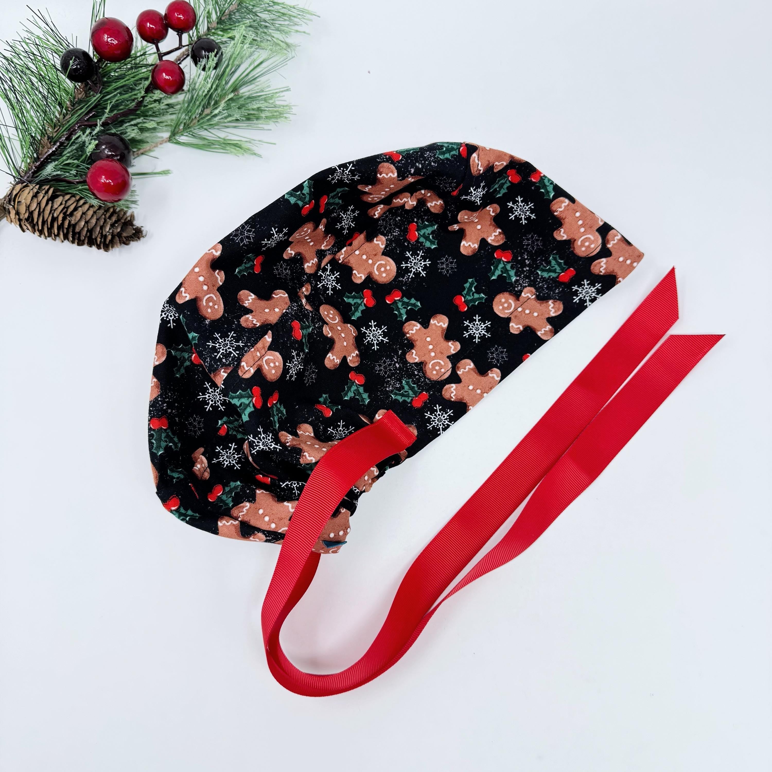 Gingerbread Euro scrub cap with ties. Christmas Scrub Cap for Women with Satin Lined Option by Paradise Caps.