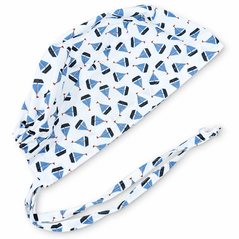 Sailboats Surgical scrub cap for men. Tie back scrub hat by Paradise Caps. on white background with soft shadow