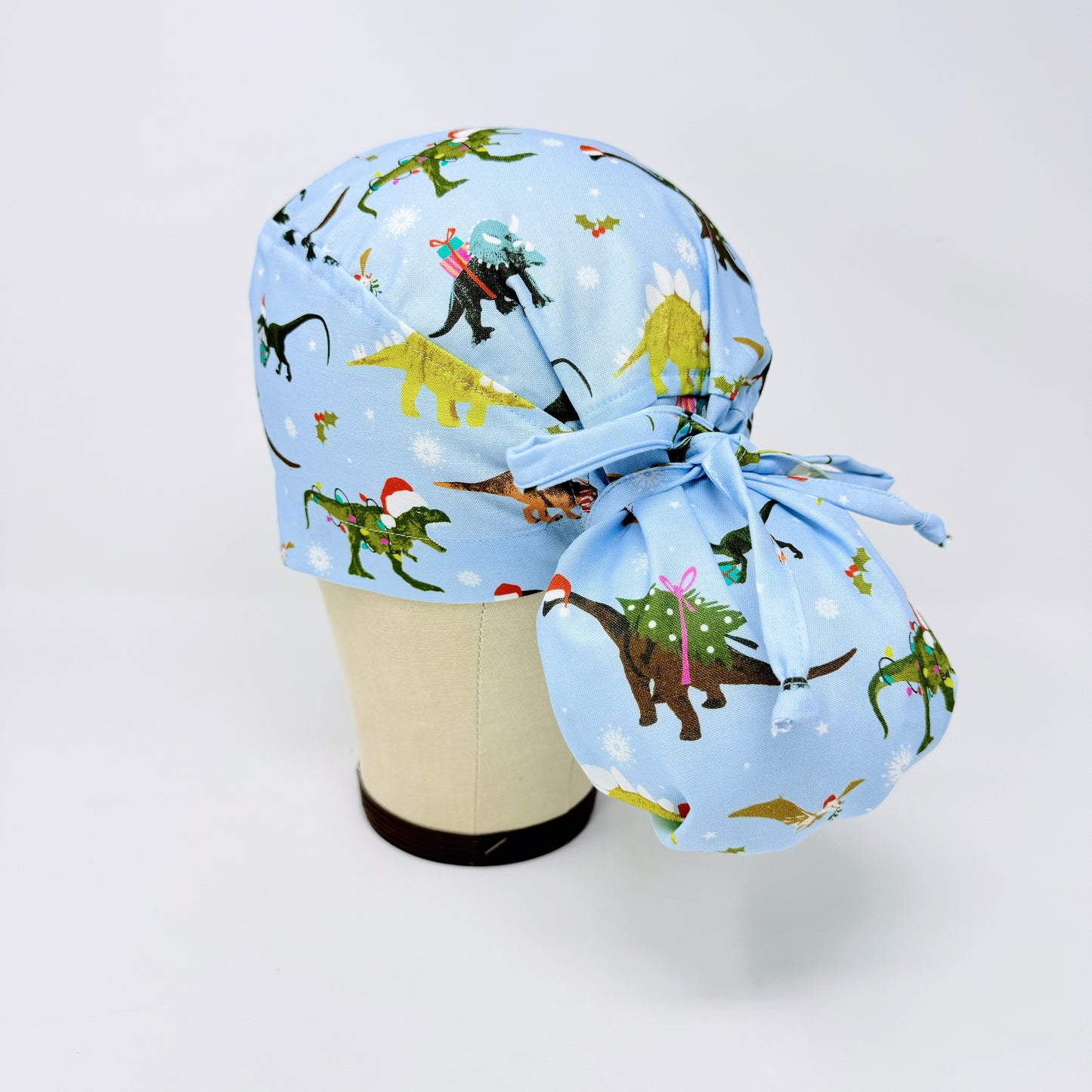 Christmas ponytail scrub cap, dinosaurs print