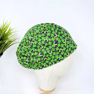 Euro scrub cap for women. Lucky Rainbow European satin lined surgical hat by Paradise Caps. Shamrock - print.