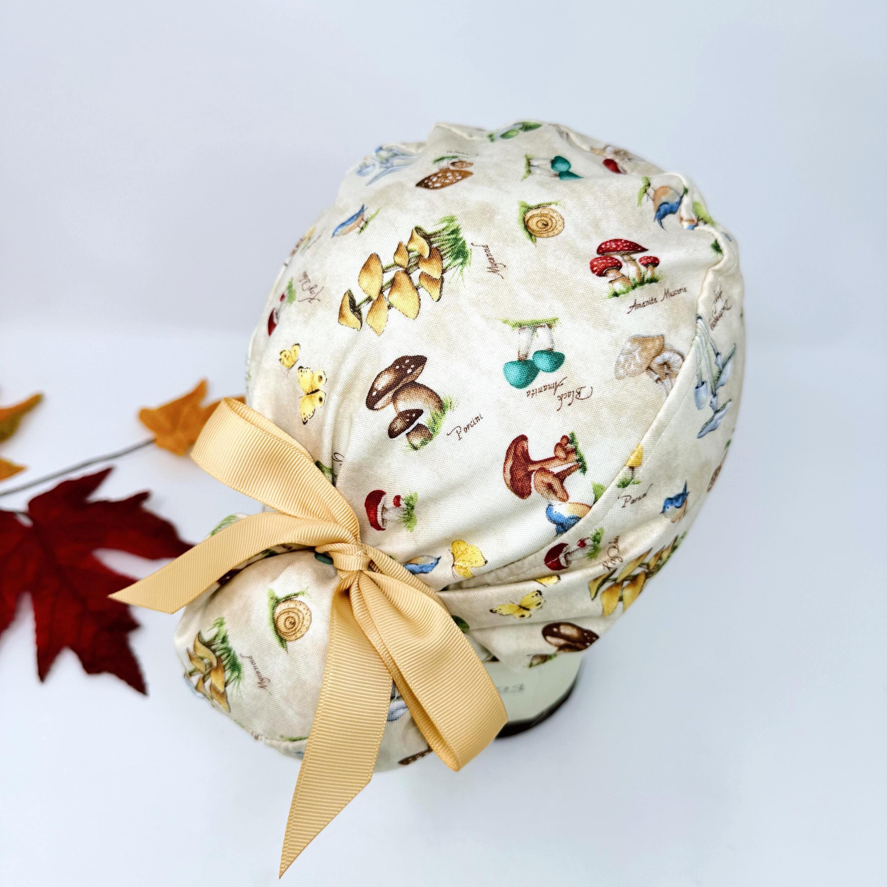 Mushroom Euro Scrub Cap for Women. Euro Scrub Cap style with ties by ParadiseCaps. Fall European Surgical cap with Satin Lined Option.