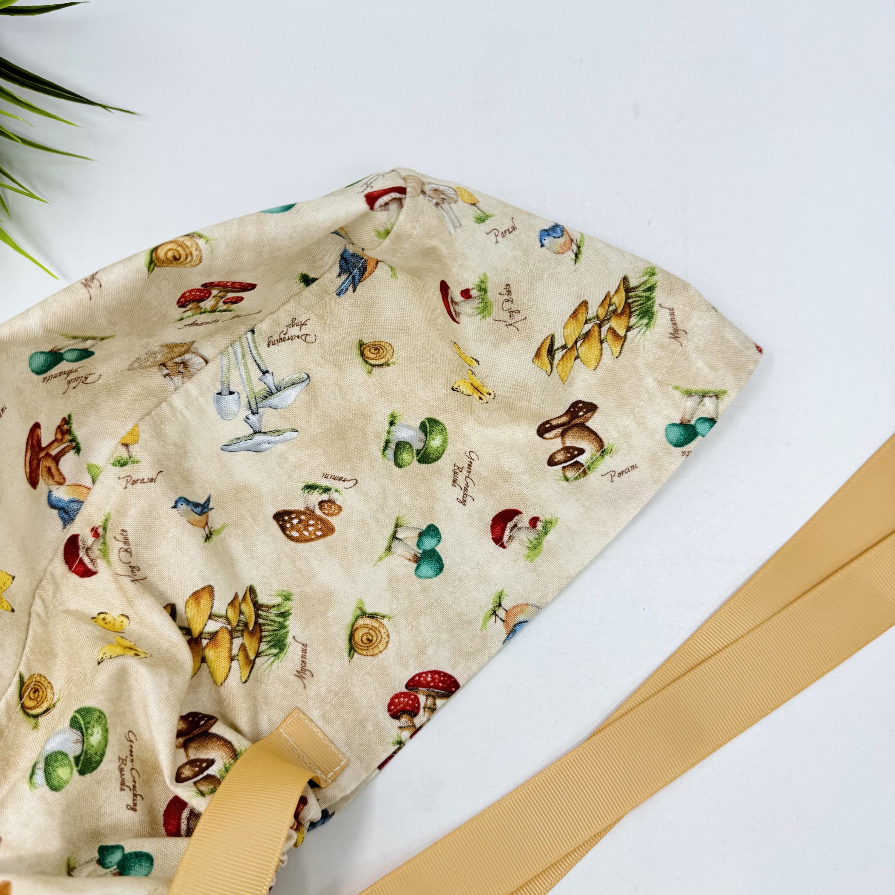 Mushroom Euro Scrub Cap for Women. Euro Scrub Cap style with ties by ParadiseCaps. Fall European Surgical cap with Satin Lined Option.
