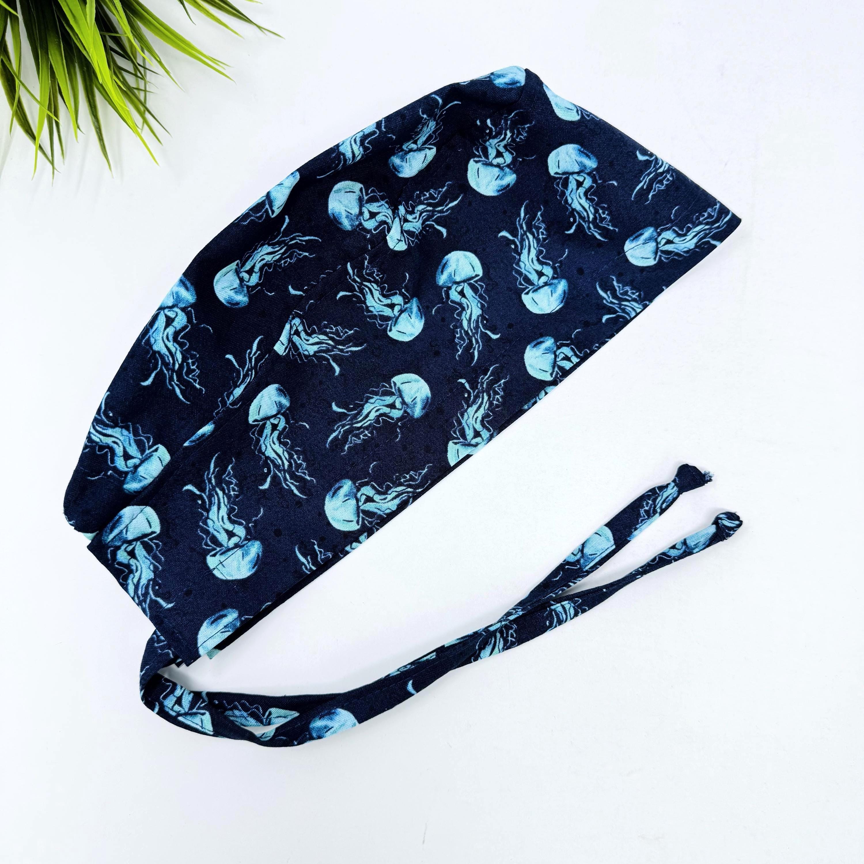 Jellyfish Surgical scrub cap for men. Navy Blue Ocean Print tie back scrub hat by Paradise Caps.