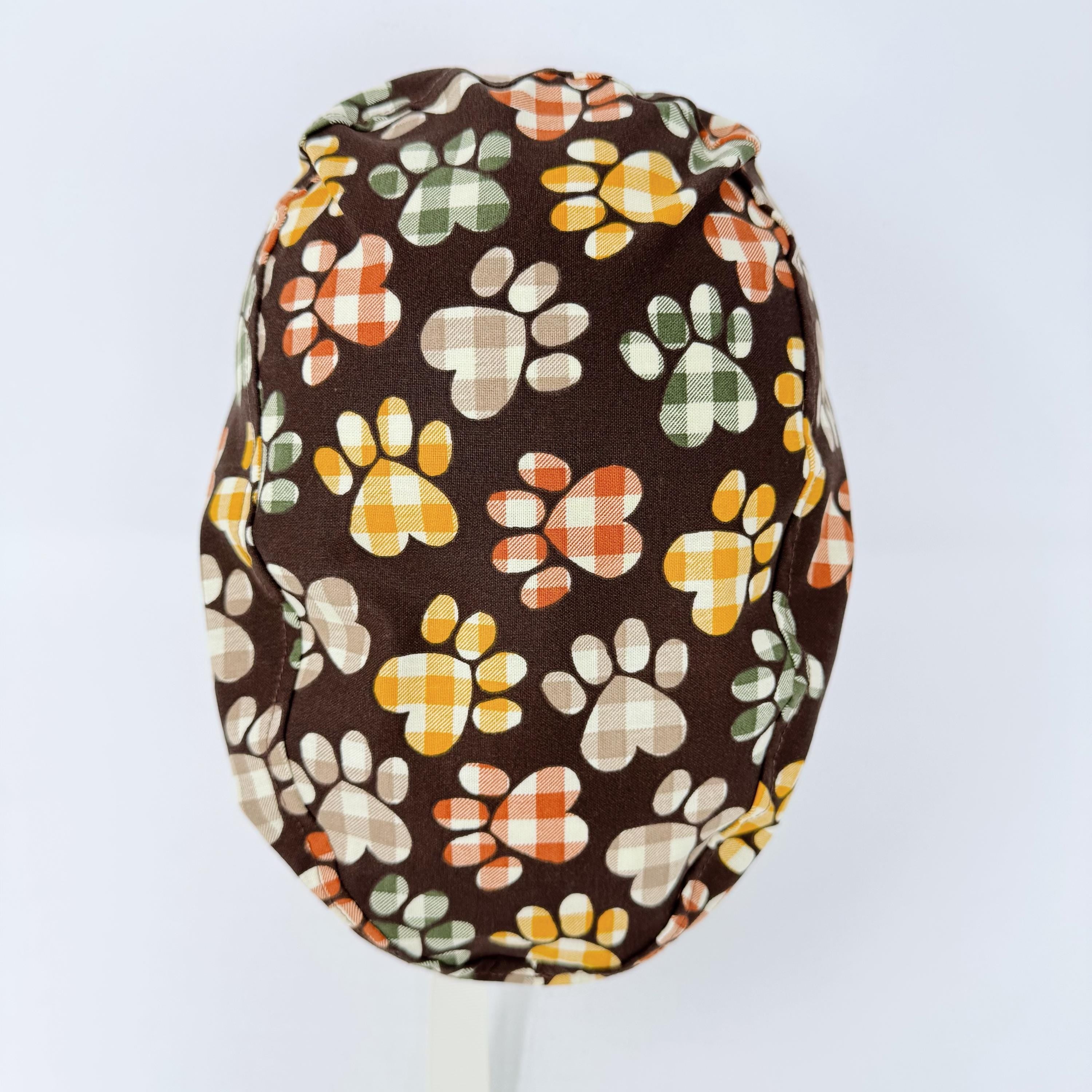 Paw Euro scrub cap with ties for Women, Fall European Surgical cap with Satin Lined Option by Paradise Caps. Thanksgiving Euro PLUS style