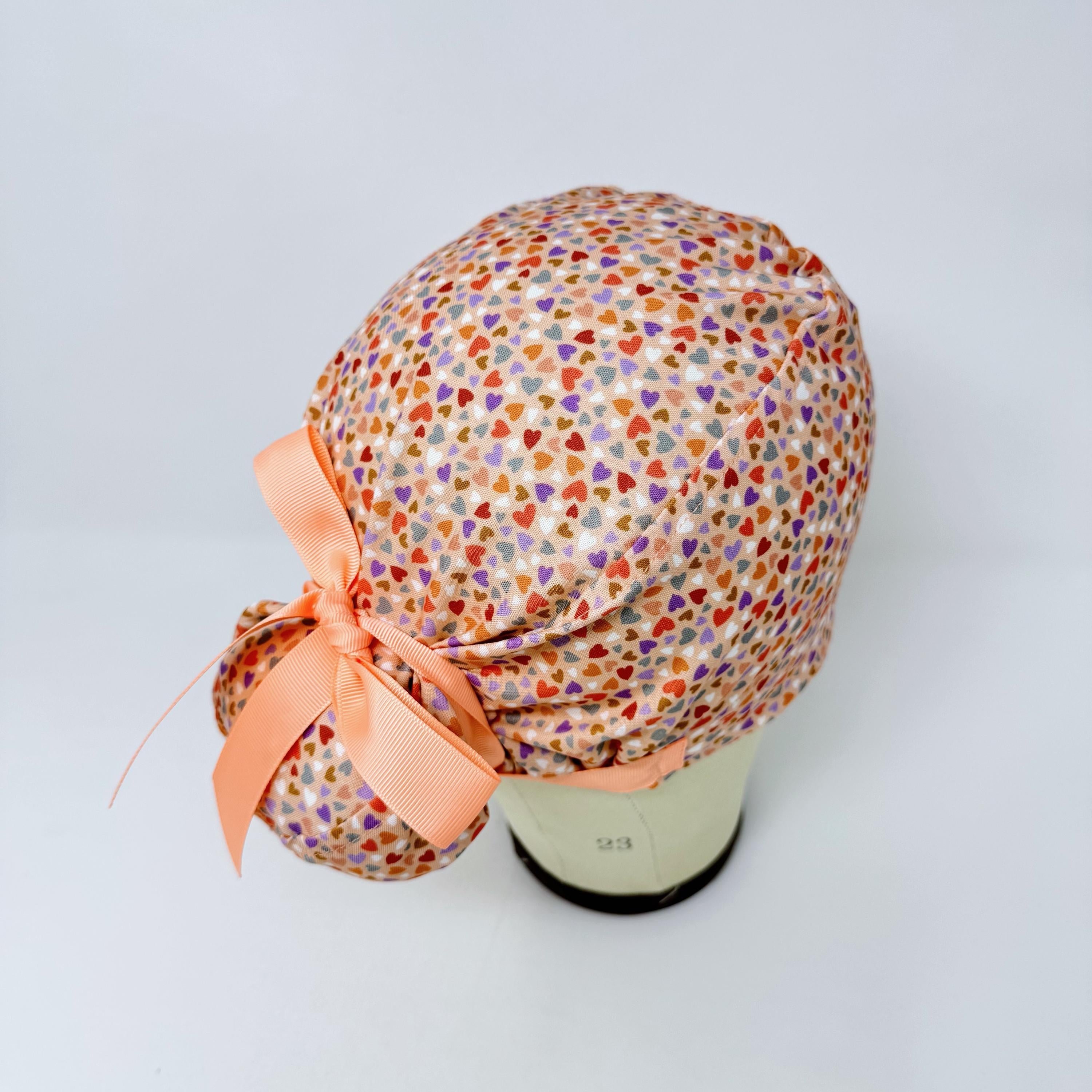 Colorful Hearts Euro scrub cap with ties for Women, Pink European Surgical cap with Satin Lined by Paradise Caps.