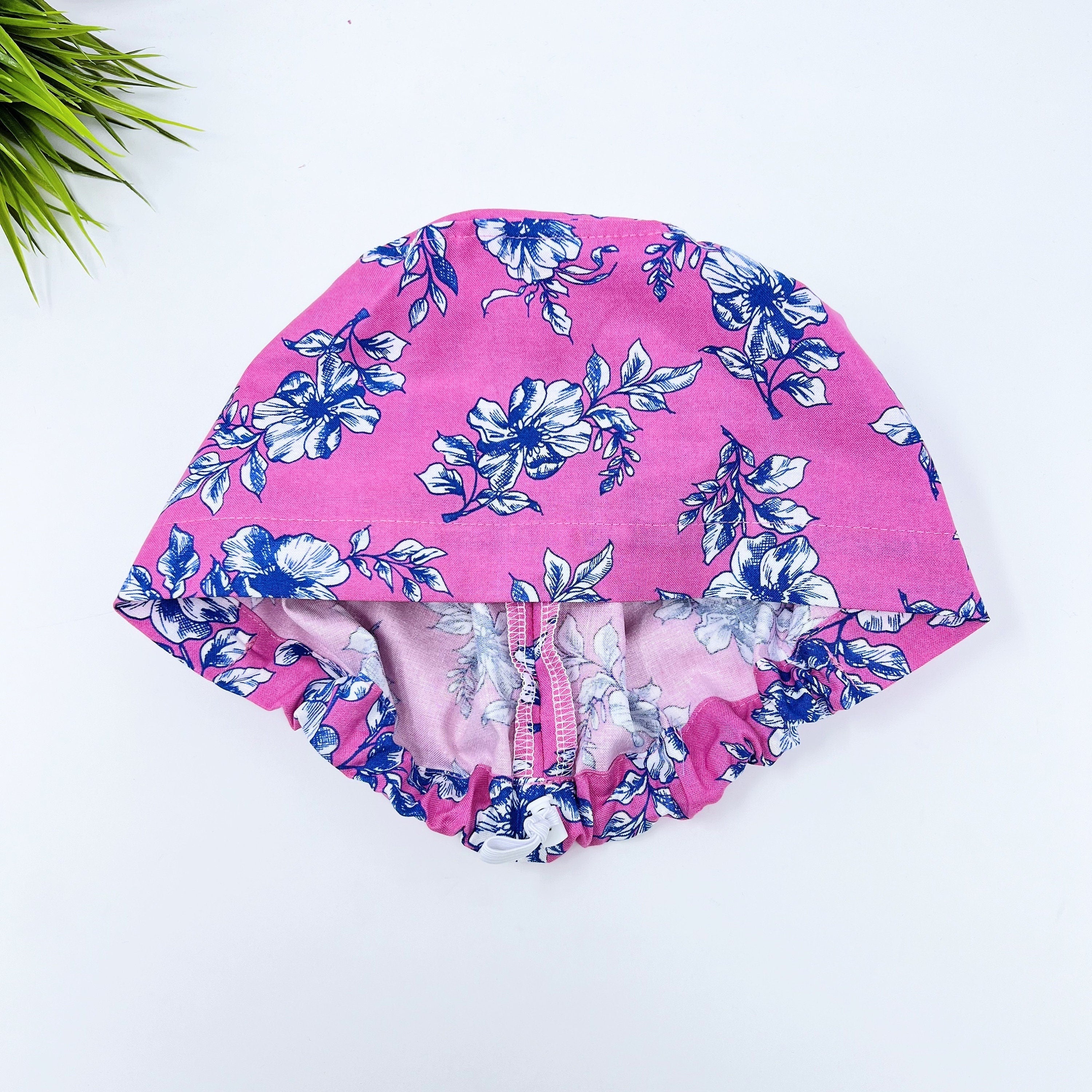 Blue Flower Euro Scrub Cap for Women, Floral European satin lined surgical cap by Paradise Caps.