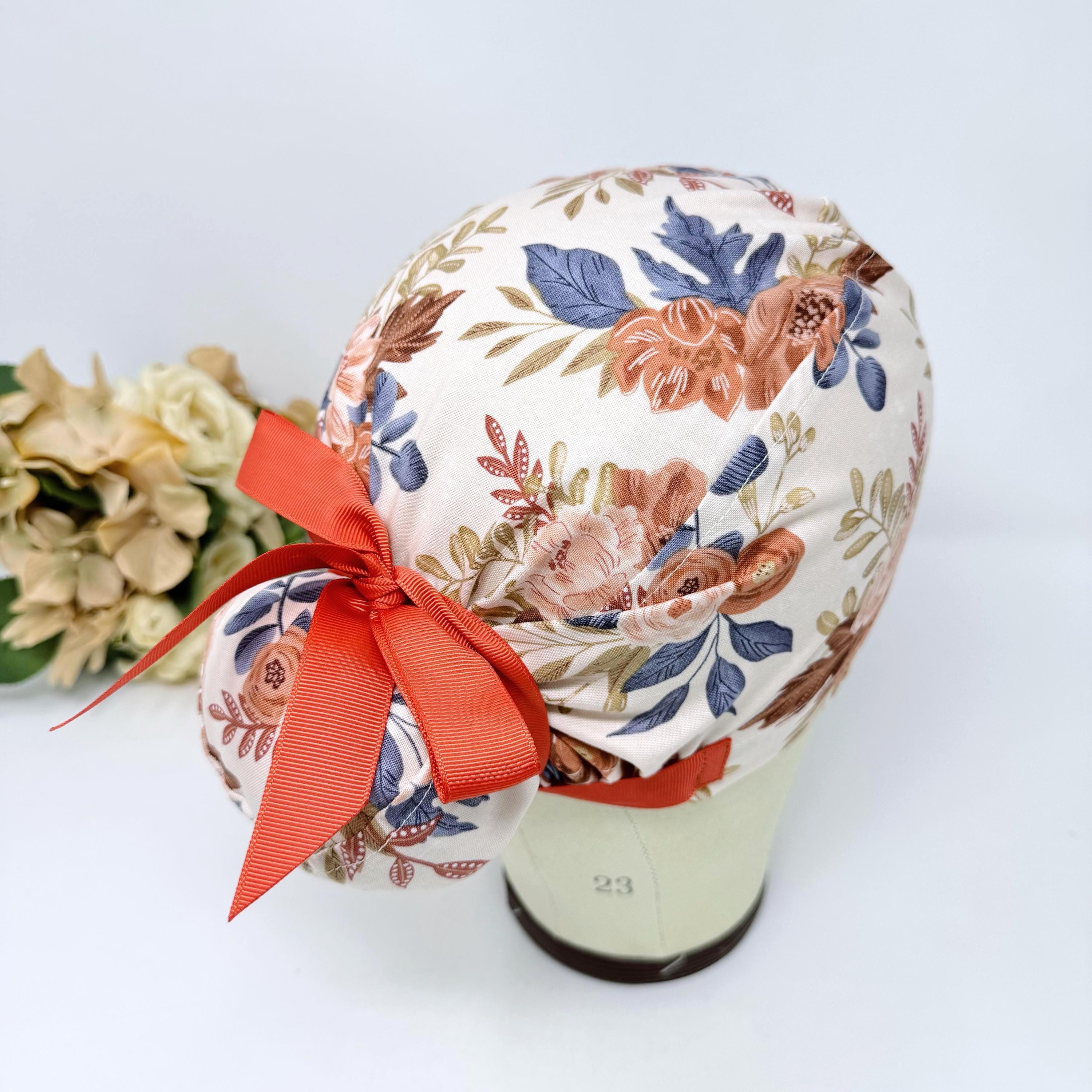 Floral Euro scrub cap with ties for Women. Fall European Surgical cap with Satin Lined Option by Paradise Caps. Euro PLUS style.