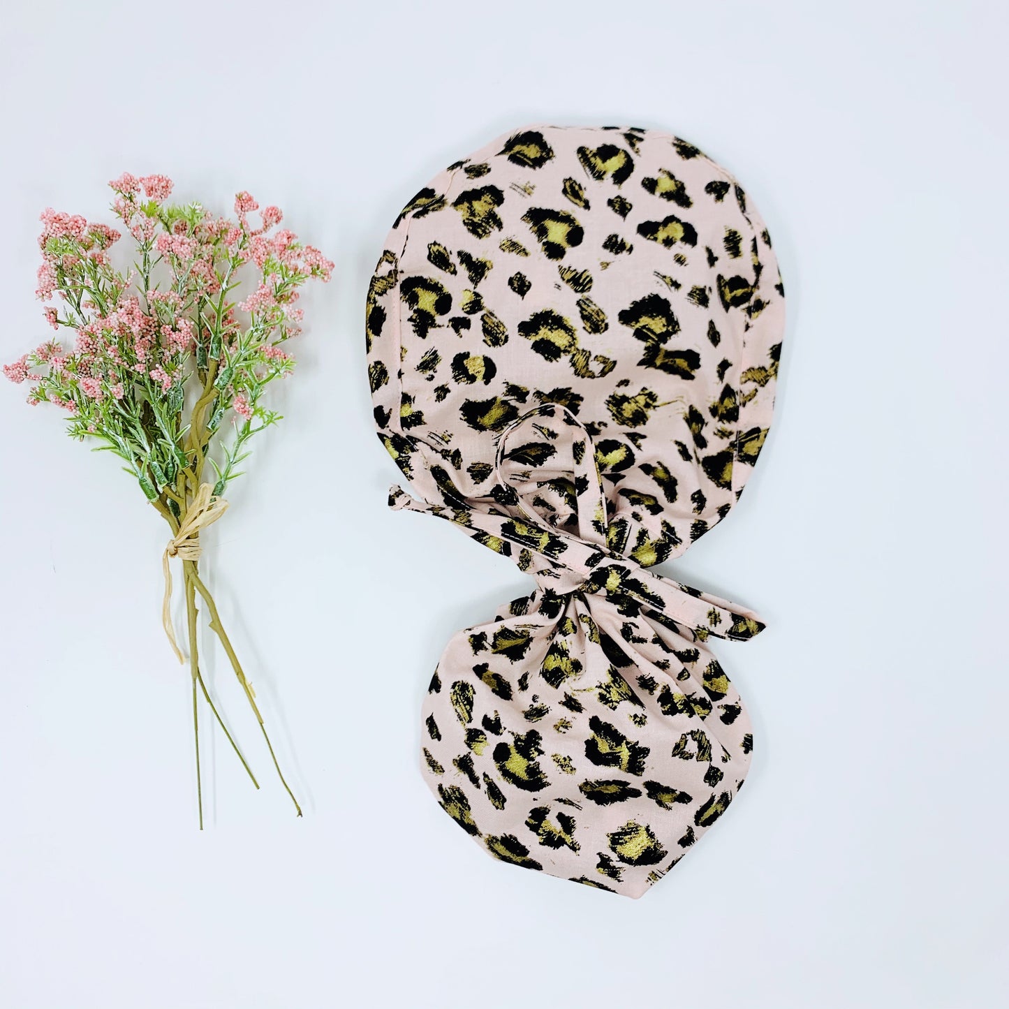 Leopard Ponytail scrub cap. Satin Lined Option.