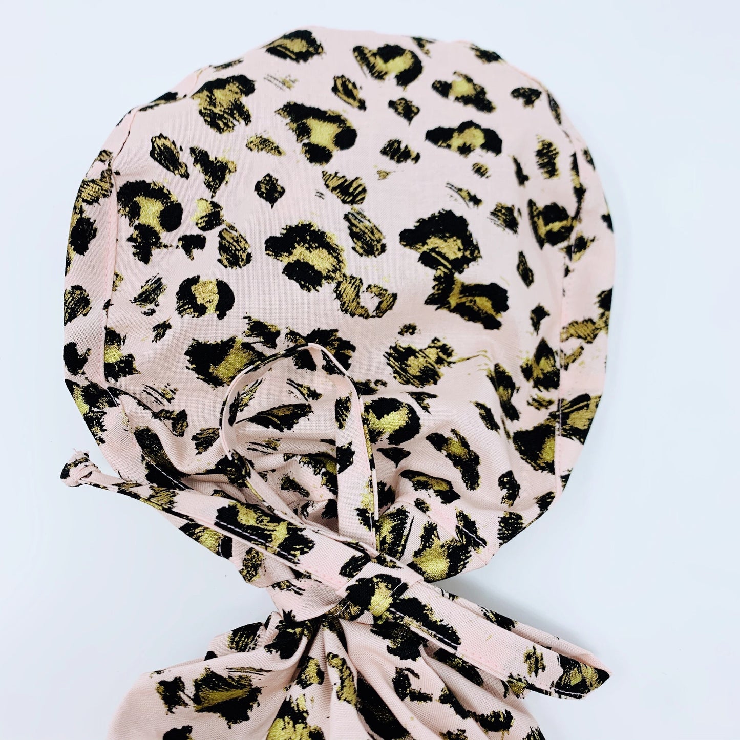 Leopard Ponytail scrub cap. Satin Lined Option.