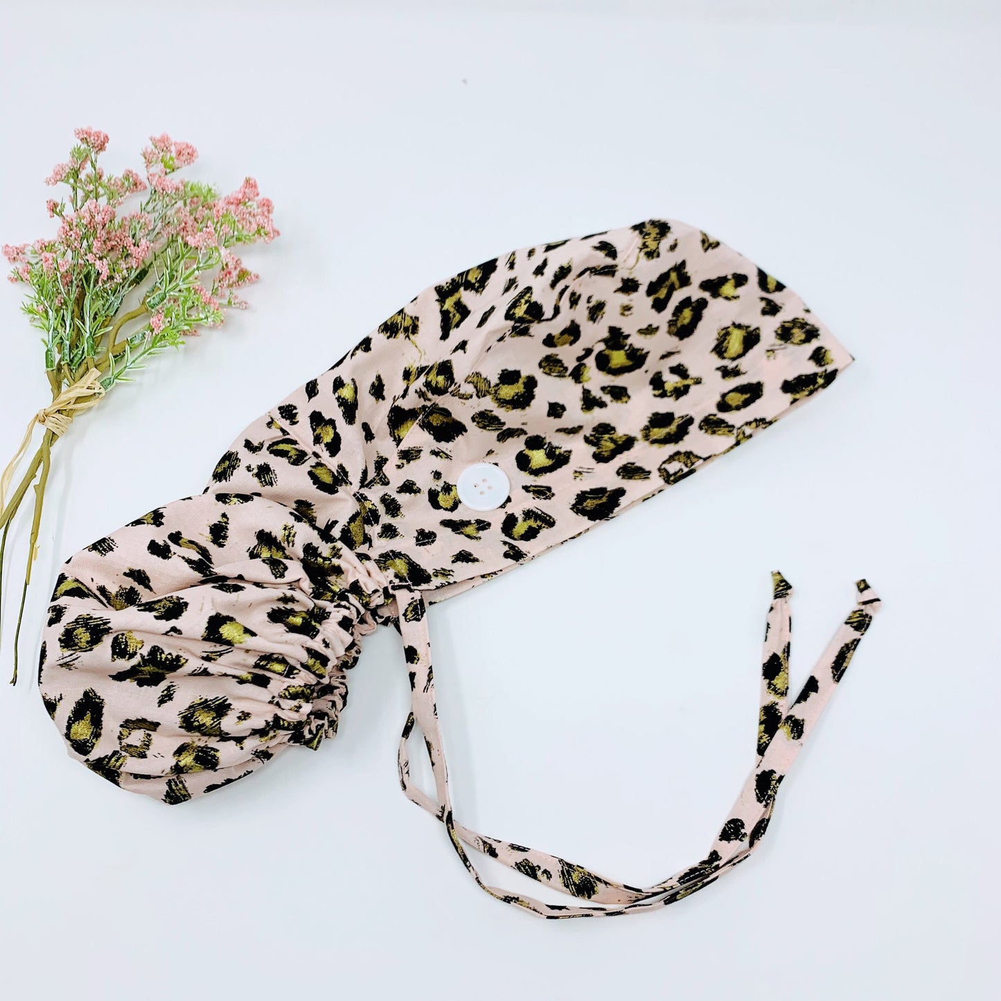 Leopard Ponytail scrub cap. Satin Lined Option.