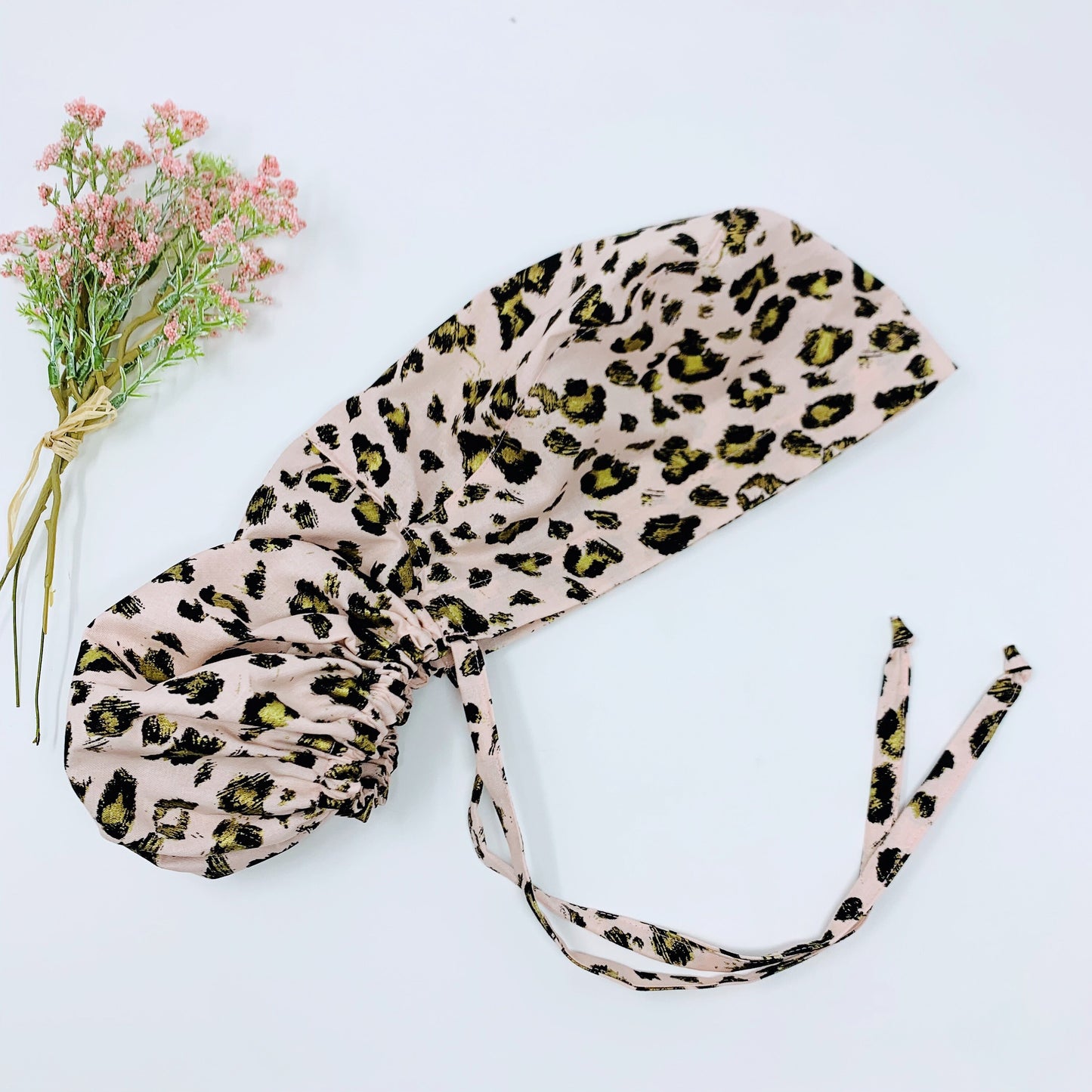 Leopard Ponytail scrub cap. Satin Lined Option.