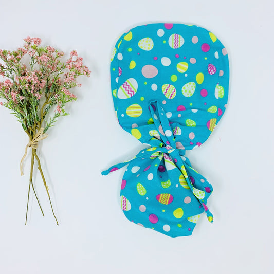 Easter Eggs Ponytail Scrub Cap for Women, Surgical cap with ponytail. Satin Lined Option