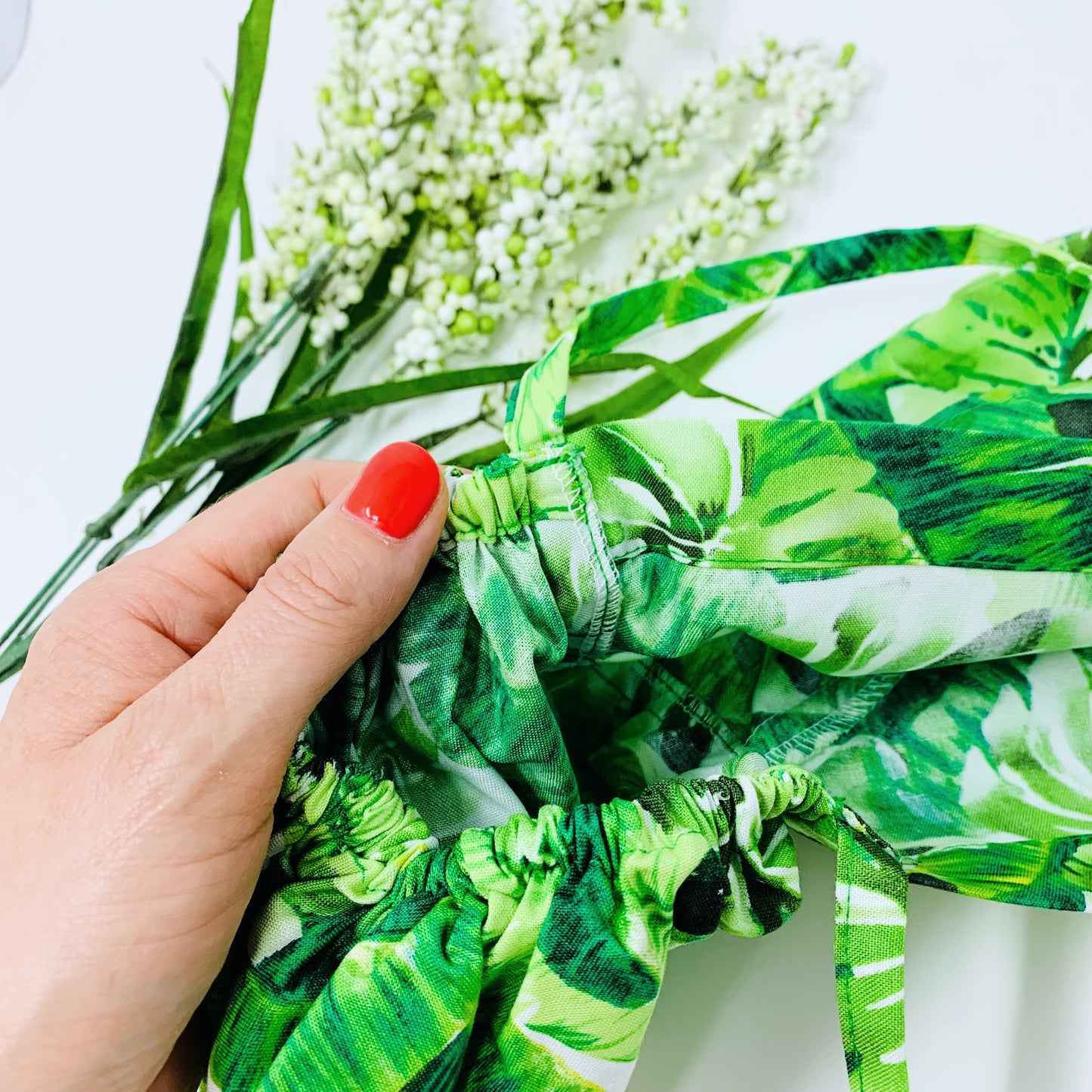 Monstera ponytail scrub cap,  Scrub cap with ponytail holder.