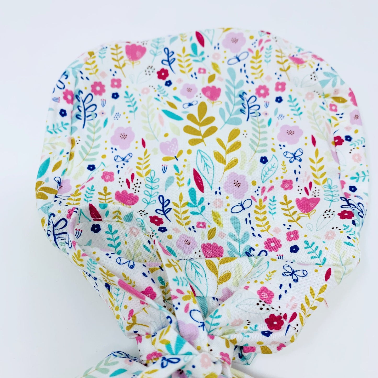 Floral ponytail scrub cap, Satin Lined Option Summer scrub cap with ponytail holder.