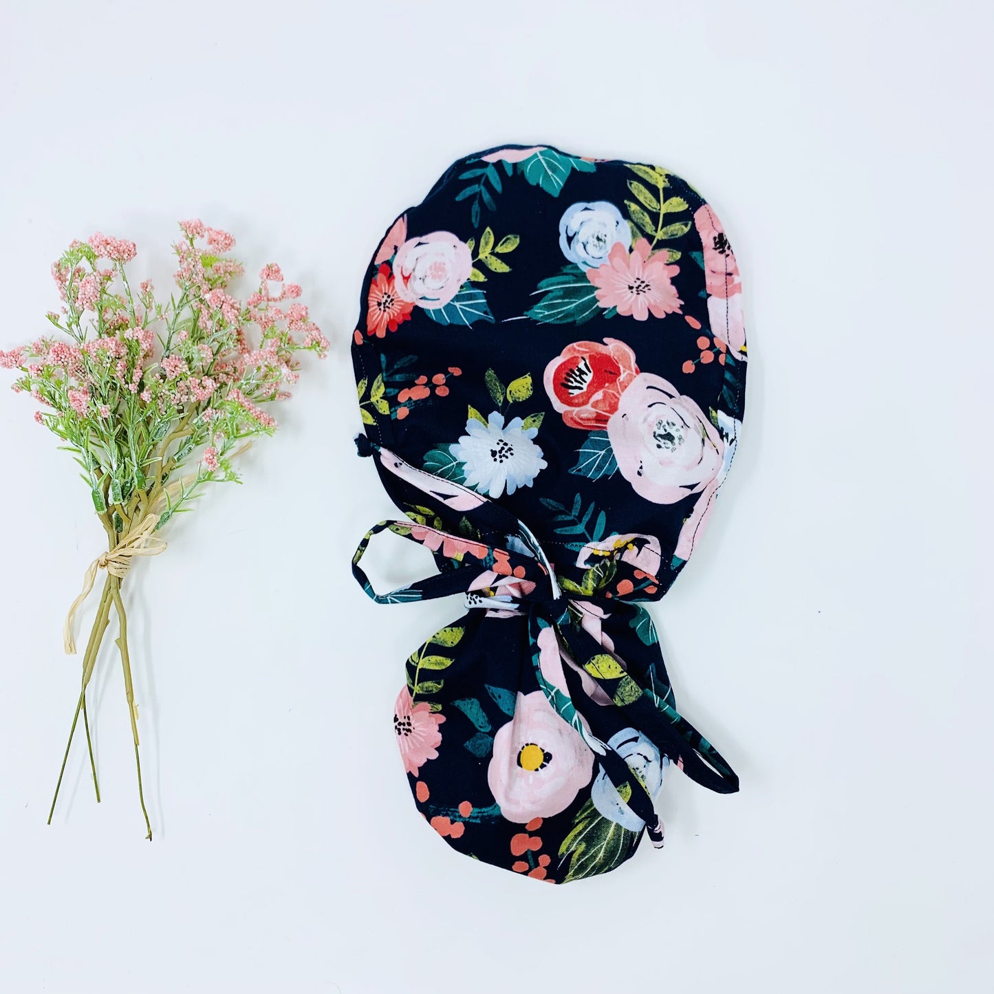 Floral ponytail scrub cap for women,  Scrub cap with ponytail holder. Satin Lined Option