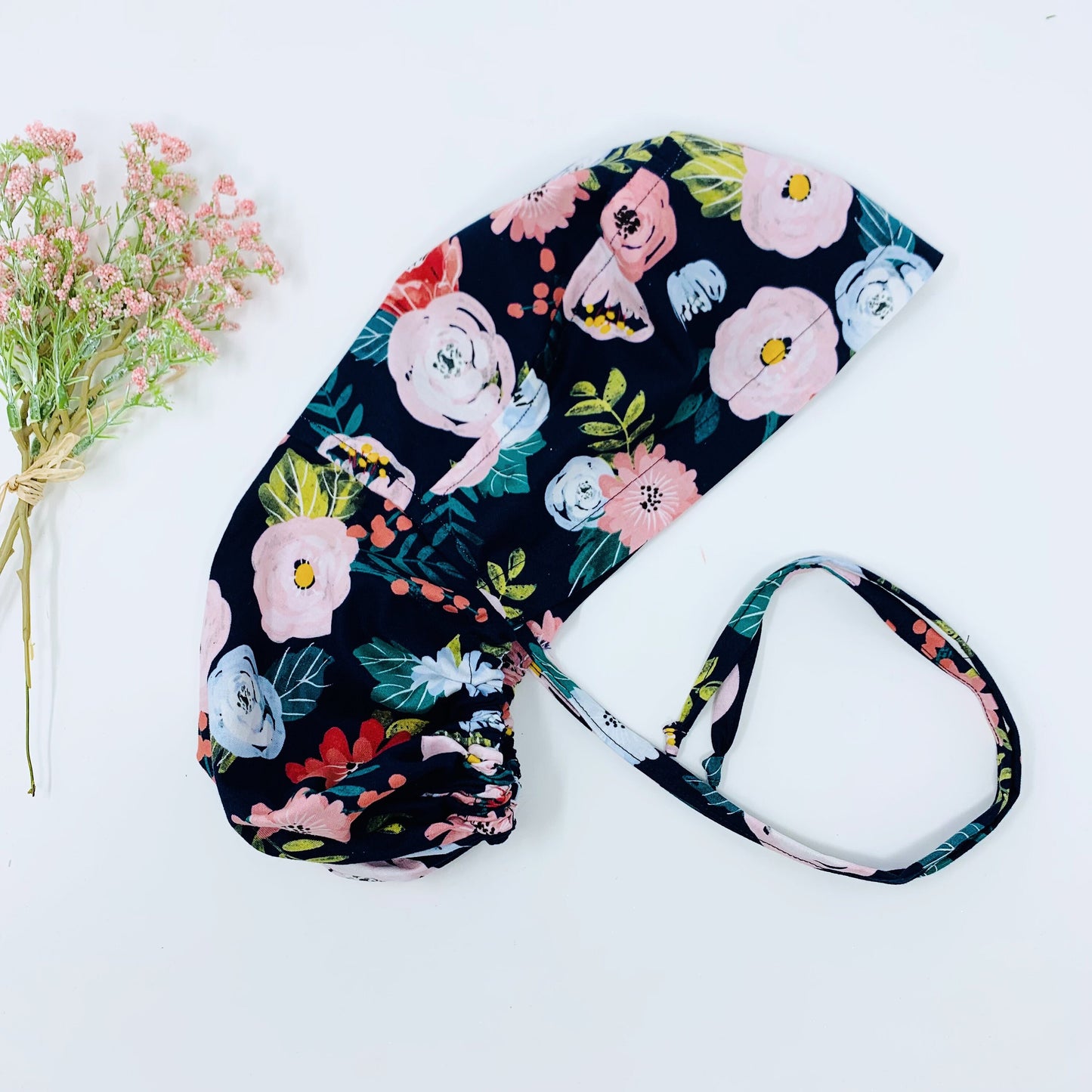 Floral ponytail scrub cap for women,  Scrub cap with ponytail holder. Satin Lined Option