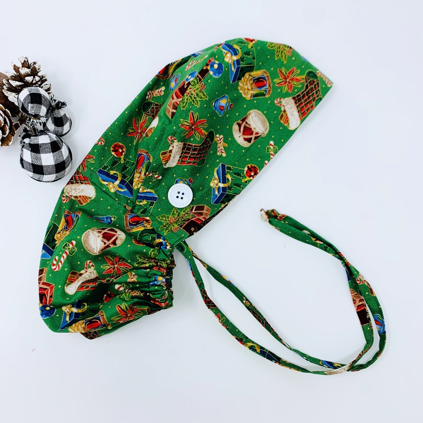 Christmas Stocking Ponytail scrub cap, Surgical cap for women with Satin Lined Option