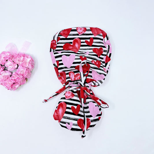 Valentine's day Ponytail scrub cap, Hearts surgical cap women. Surgical cap with ponytail, Scrub caps for women, Cap with buttons.