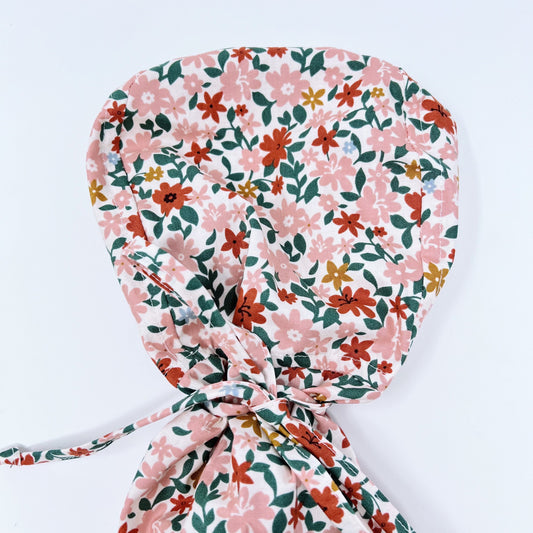 Floral ponytail scrub cap,  Summer scrub cap with ponytail holder.