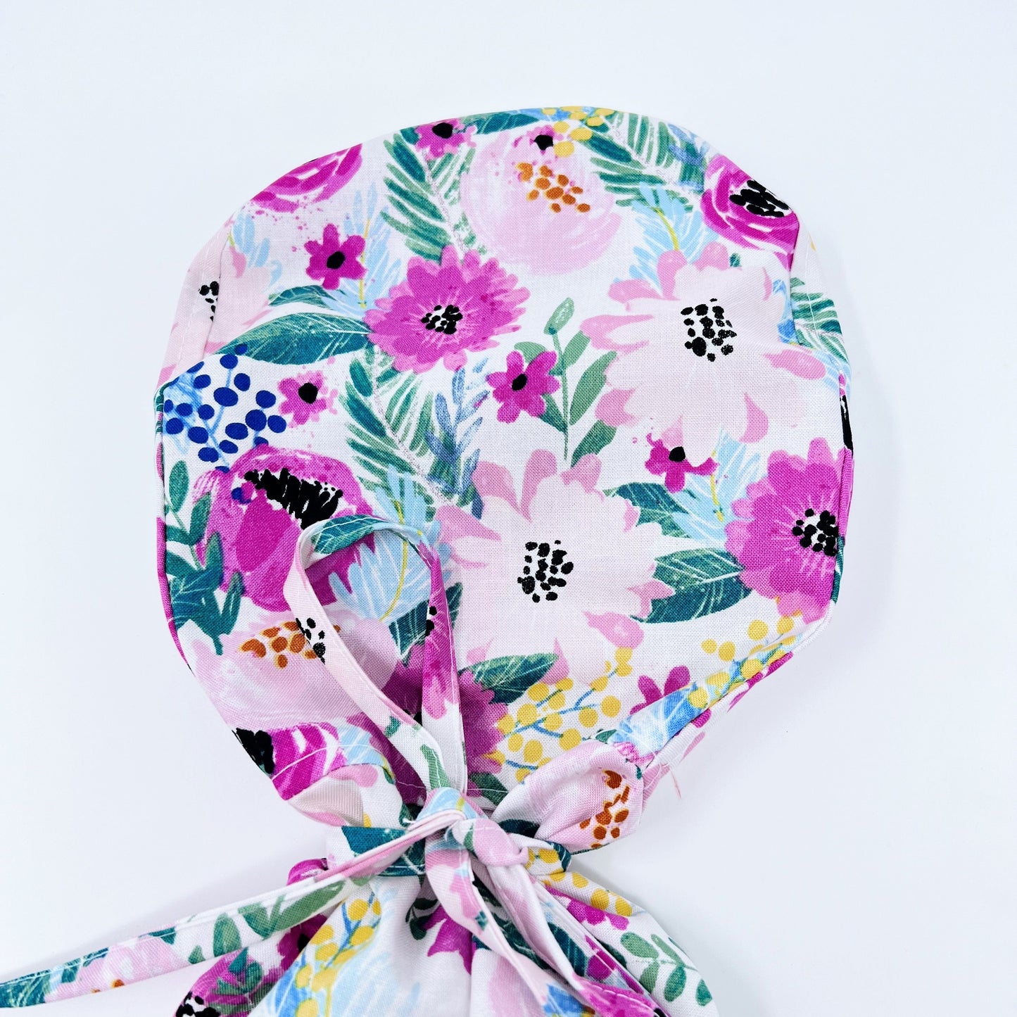 Floral ponytail scrub cap, Summer scrub cap with ponytail holder. Satin Lined Option