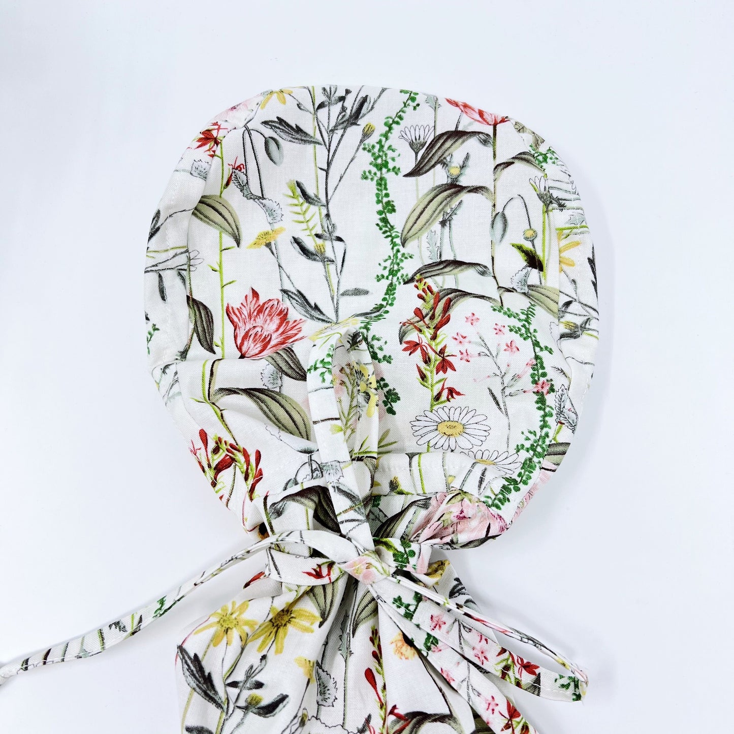 Floral ponytail scrub cap, Satin Lined Option. Summer scrub cap with ponytail holder.