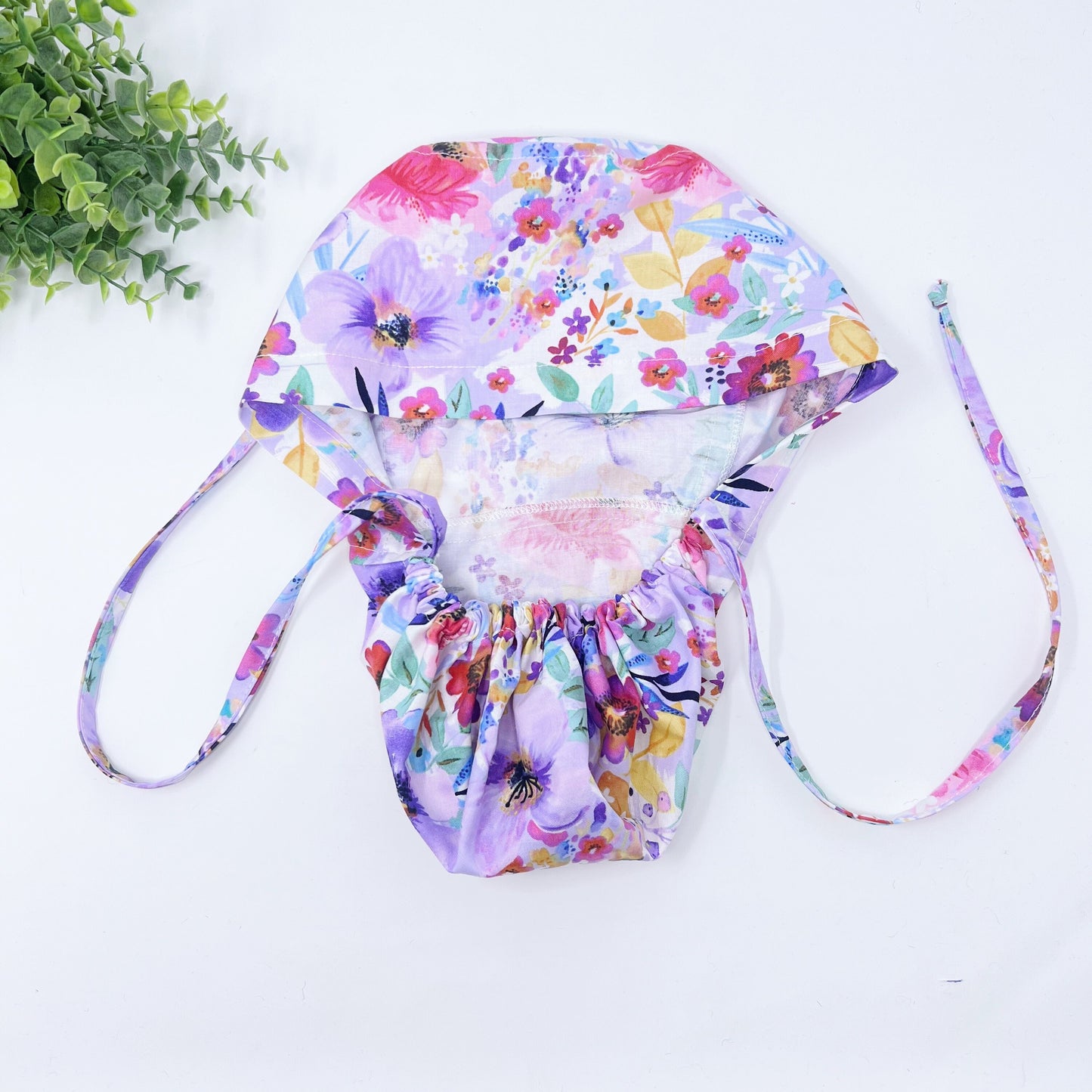 Floral ponytail scrub cap, Summer scrub cap with ponytail holder. Satin Lined Option Scrub Cap