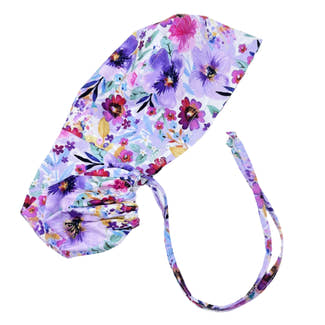 Purple flower Ponytail scrub cap for women with satin lined option by Paradise Caps.