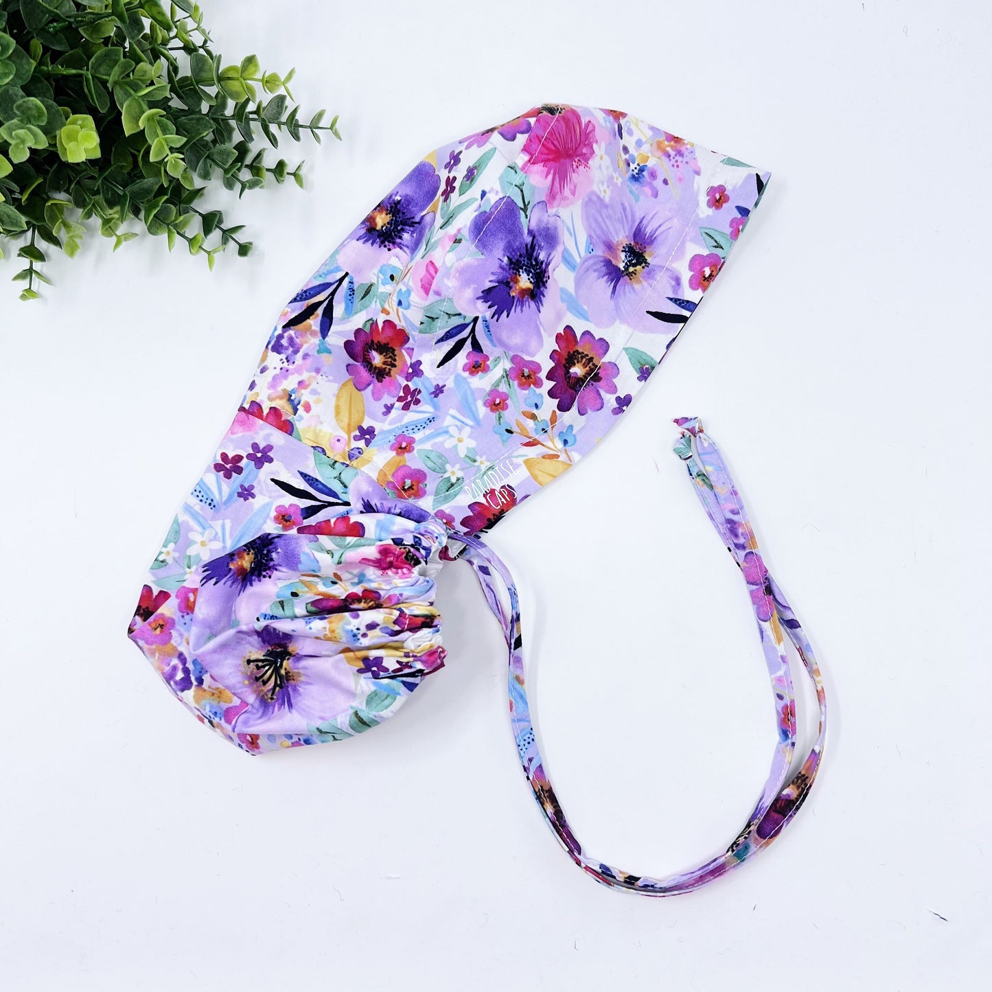 Floral ponytail scrub cap, Summer scrub cap with ponytail holder. Satin Lined Option Scrub Cap