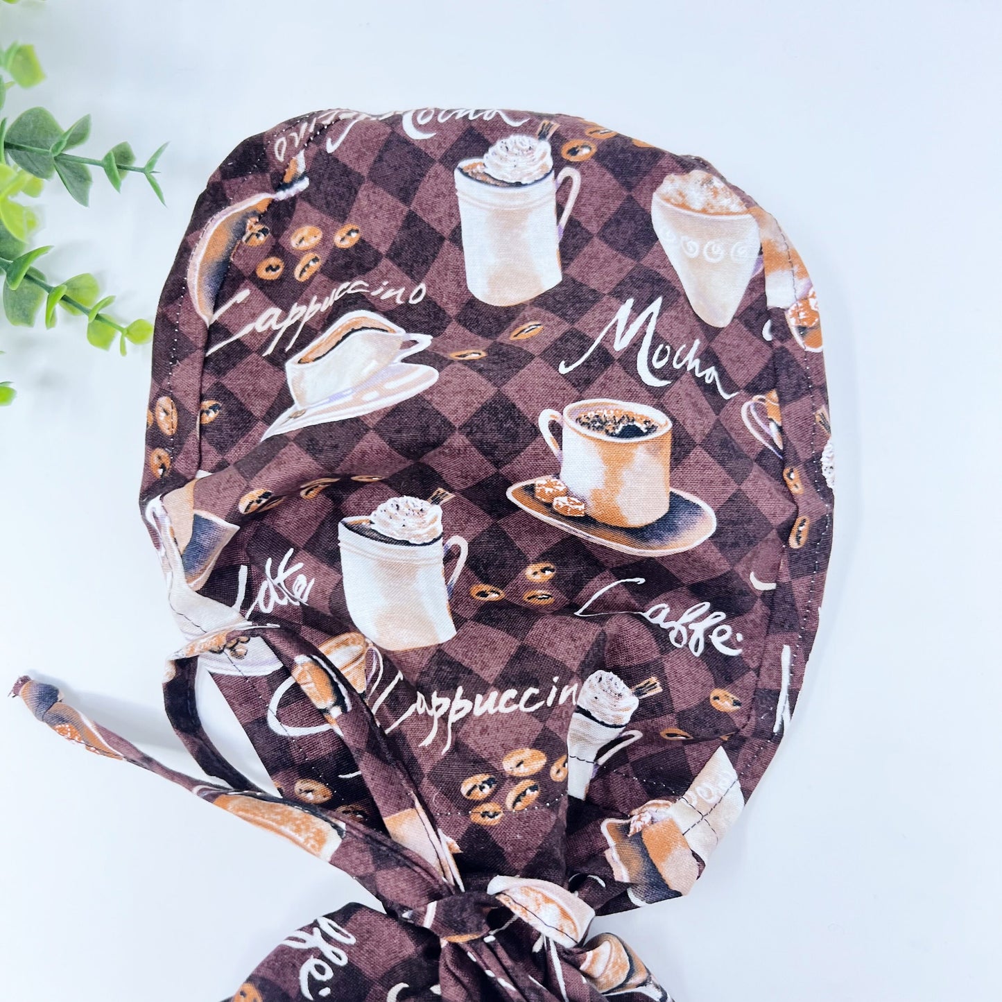 Coffee ponytail scrub cap,  Fall scrub cap with ponytail holder. Satin Lined Option