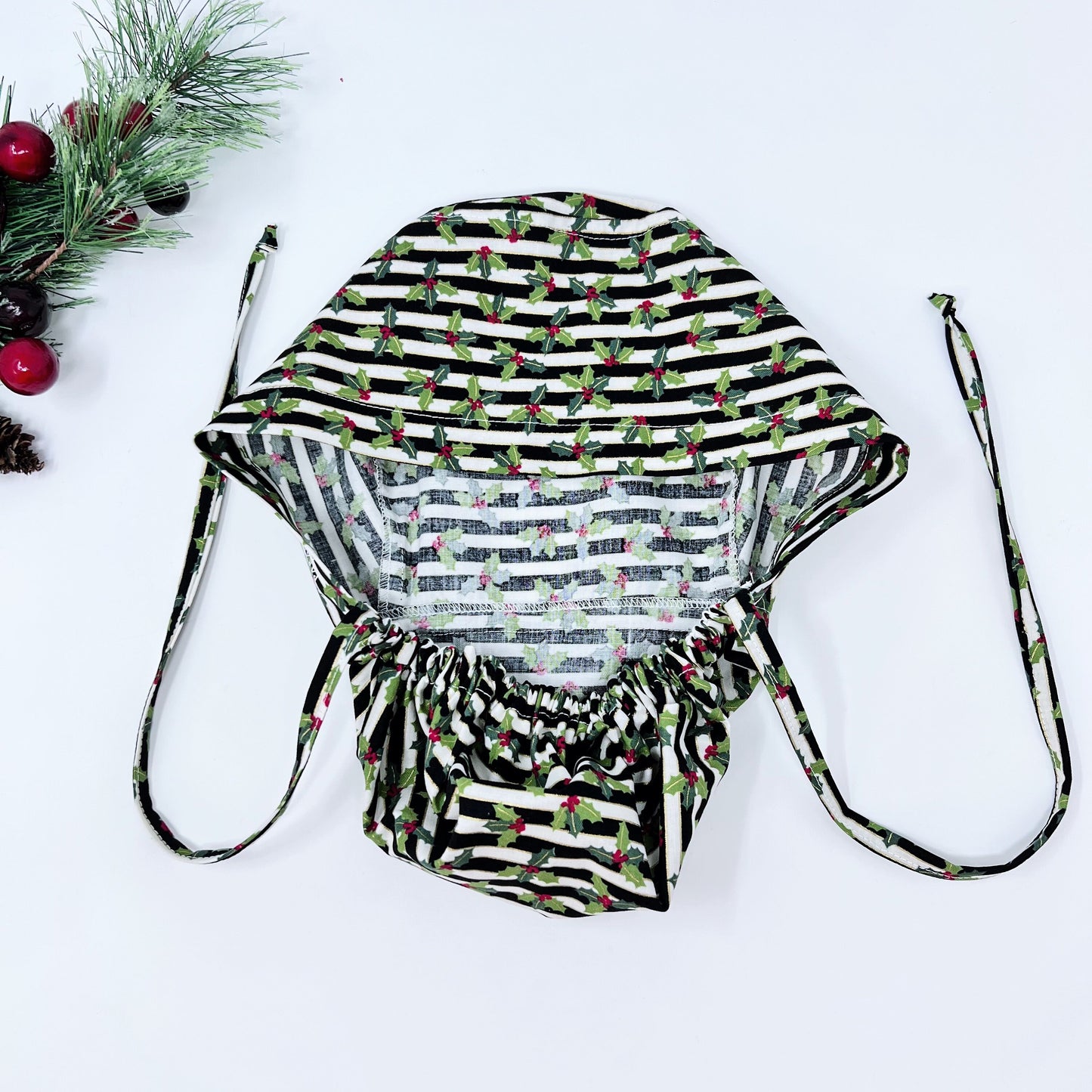 Christmas Ponytail scrub cap, Poinsettia Surgical cap for women. Satin Lined Option. Surgical cap with ponytail.