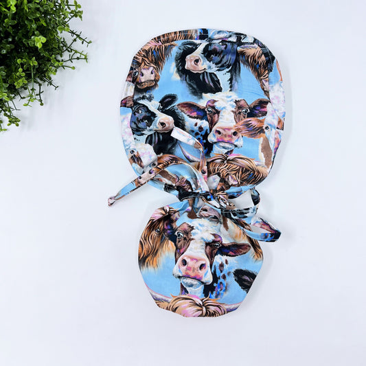 Cows ponytail scrub cap, Surgical cap for women. Satin Lined Option. Surgical cap with ponytail, Scrub caps for women.