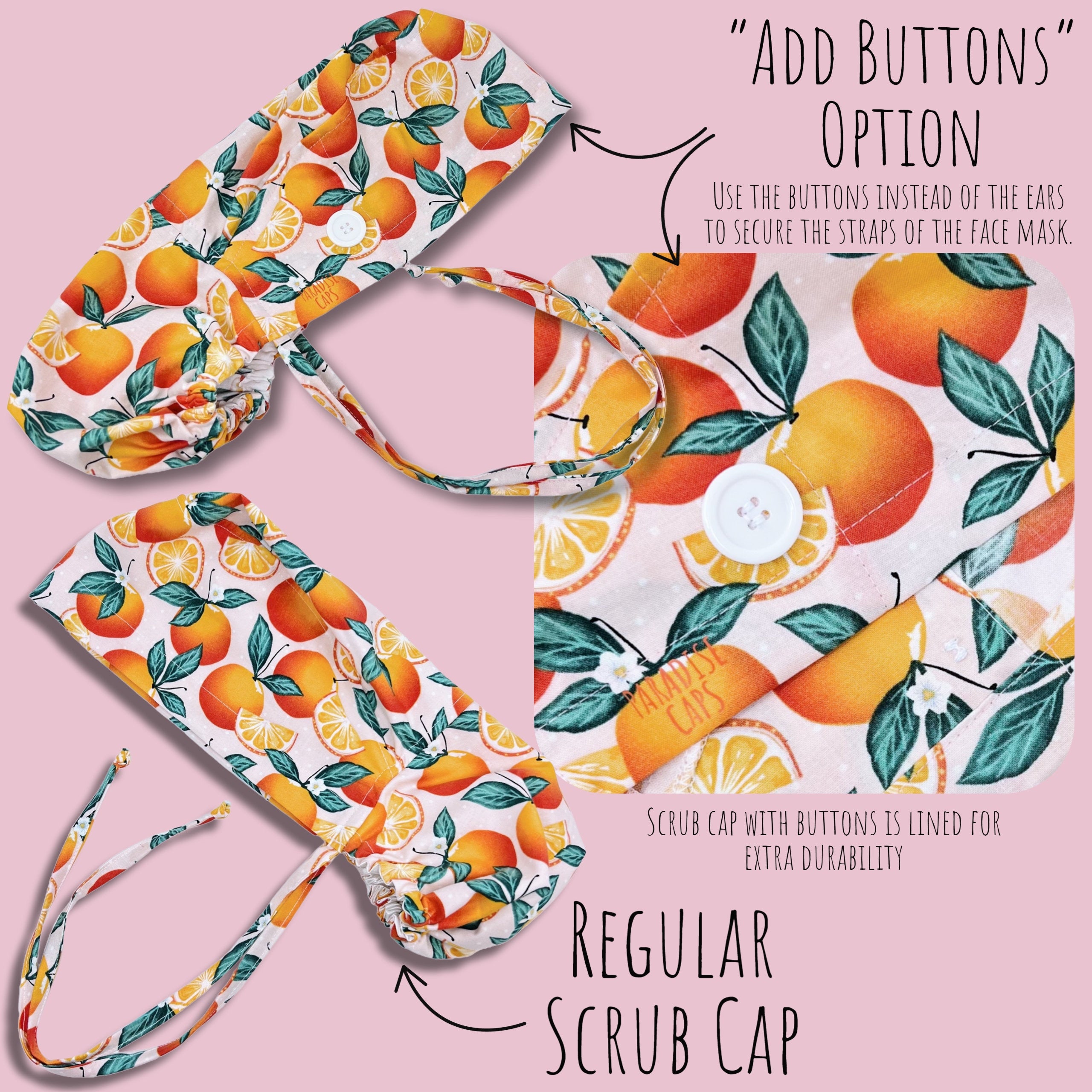 Lemon Sunshine Ponytail scrub cap, Surgical cap women. Satin Lined Option Surgical cap with ponytail.