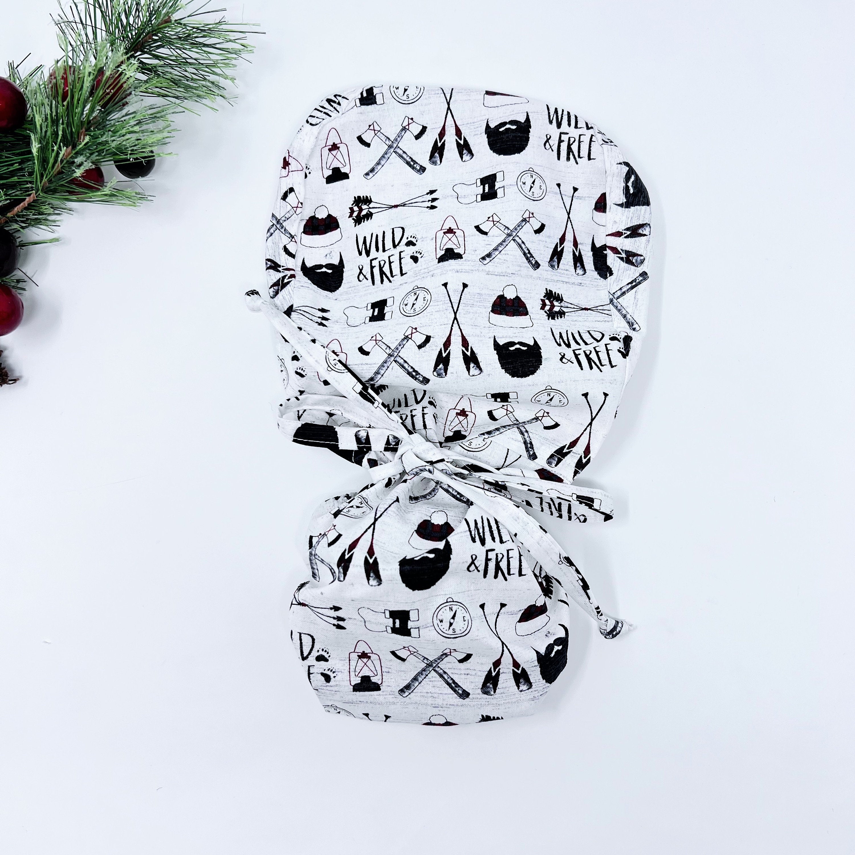 Christmas Ponytail scrub cap with Satin Lined Option